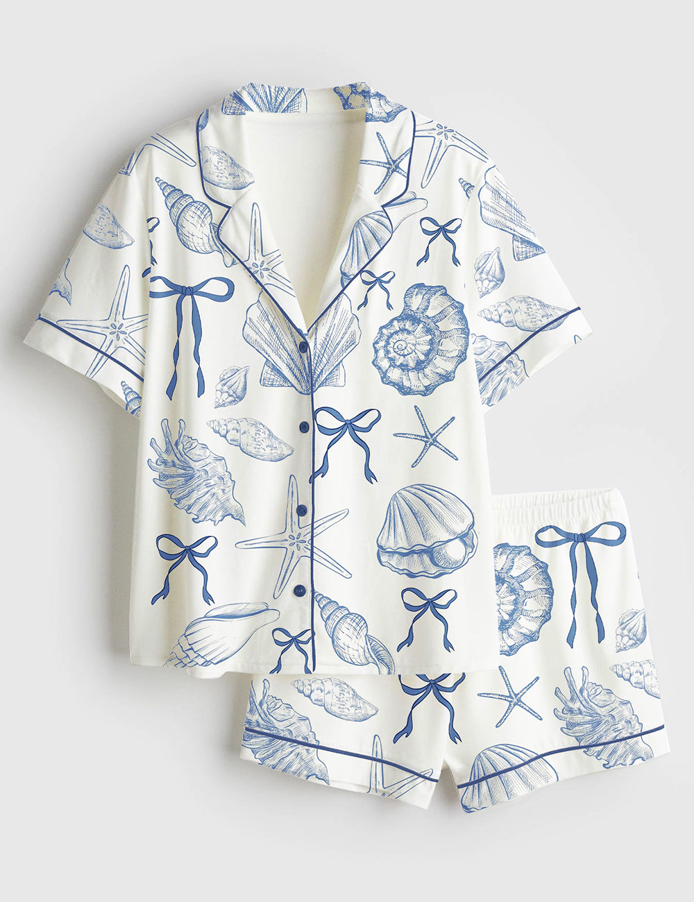 Women’s Coquette Seashell Beach Coastal Summer Vibes Print Short Sleeve Satin Pajama Set