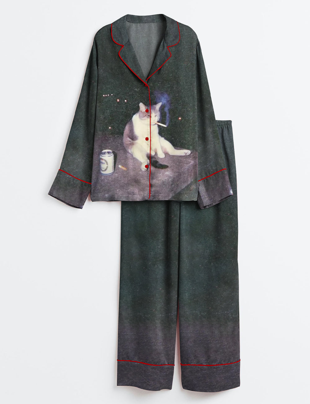 Women’s Fat Cat Smoking And Drinking Long Sleeve Satin Pajama Set