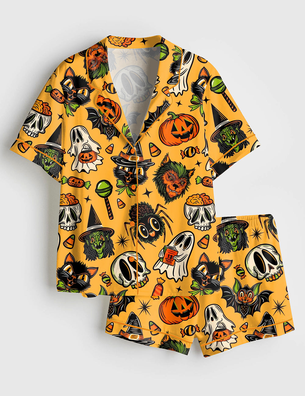 Women’s Spooky Halloween 2025 Trick Or Creeps Short Sleeve Satin Pajama Set