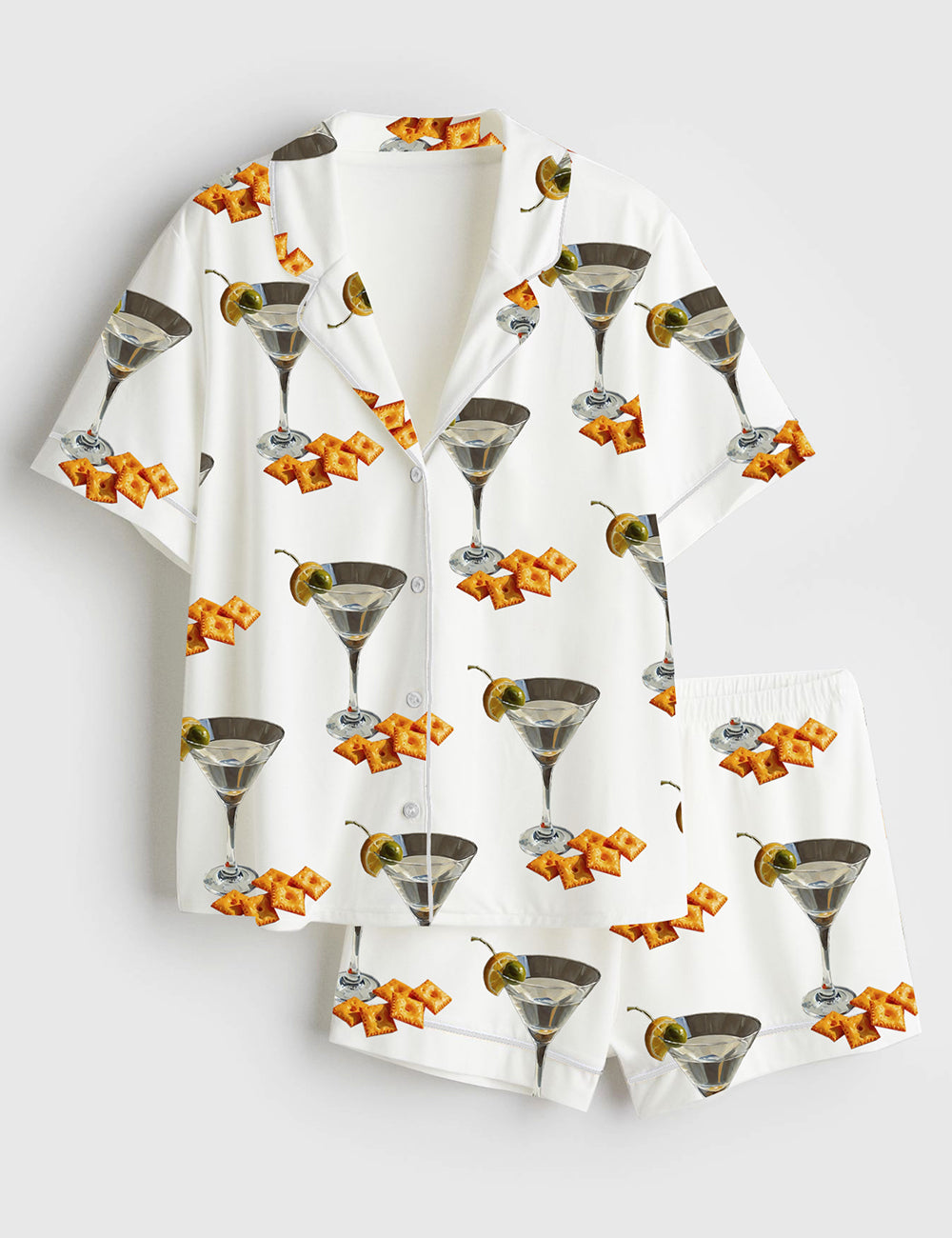 Women’s Martini And Cheese Crackers Cute Quirky Whimsical Cocktail Art Print Short Sleeve Satin Pajama Set