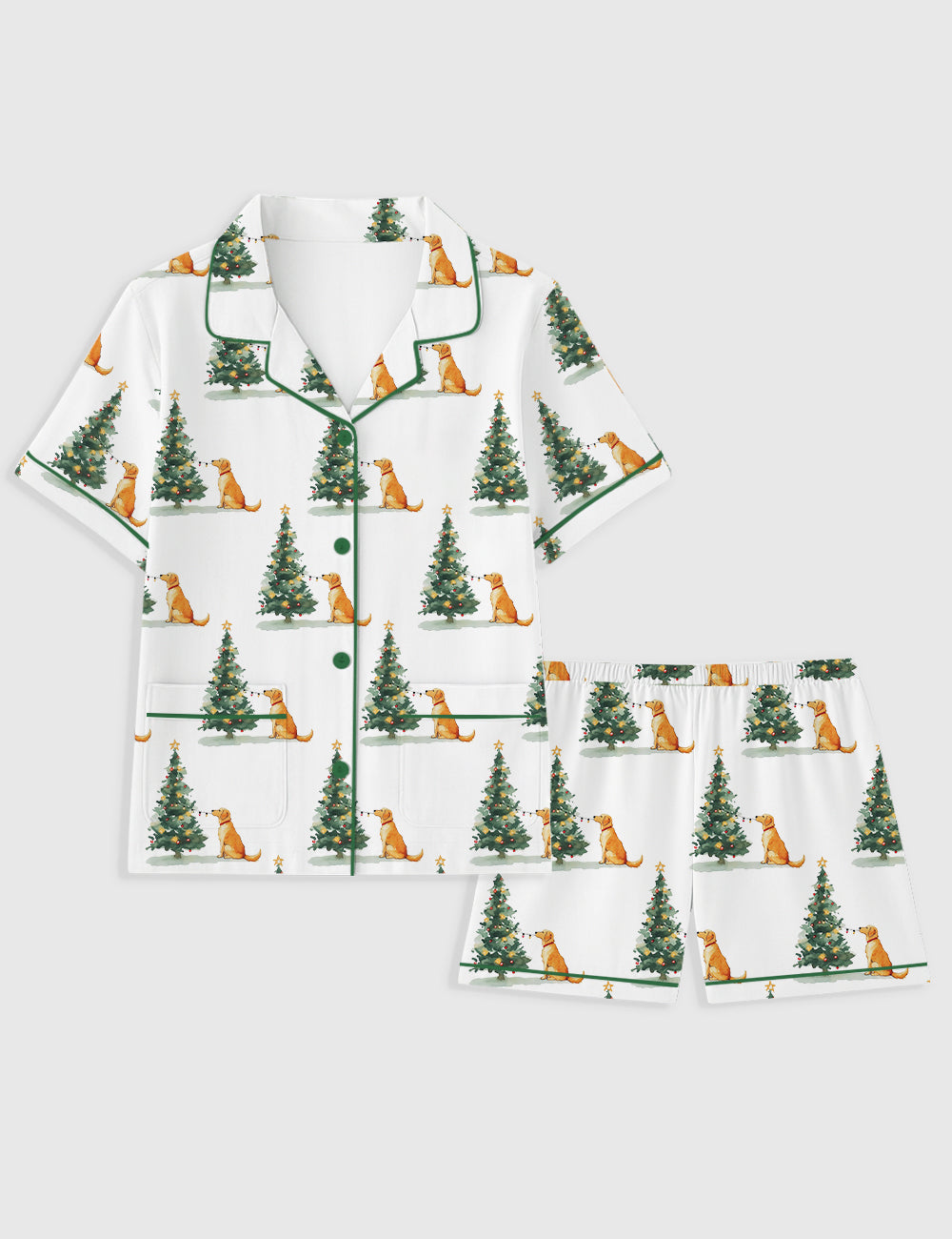 Women's Golden Retriever With Christmas Tree Short Sleeve Pocket Cotton Pajama Set