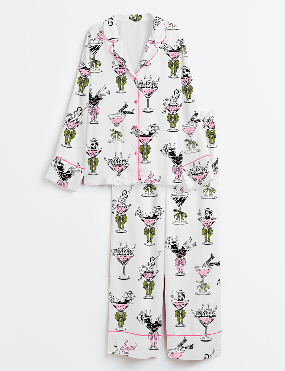 Women’s Girls In Martini Glass Hand Drawn Martini Drinks And Cheering Western Girls Print Long Sleeve Satin Pajama Set