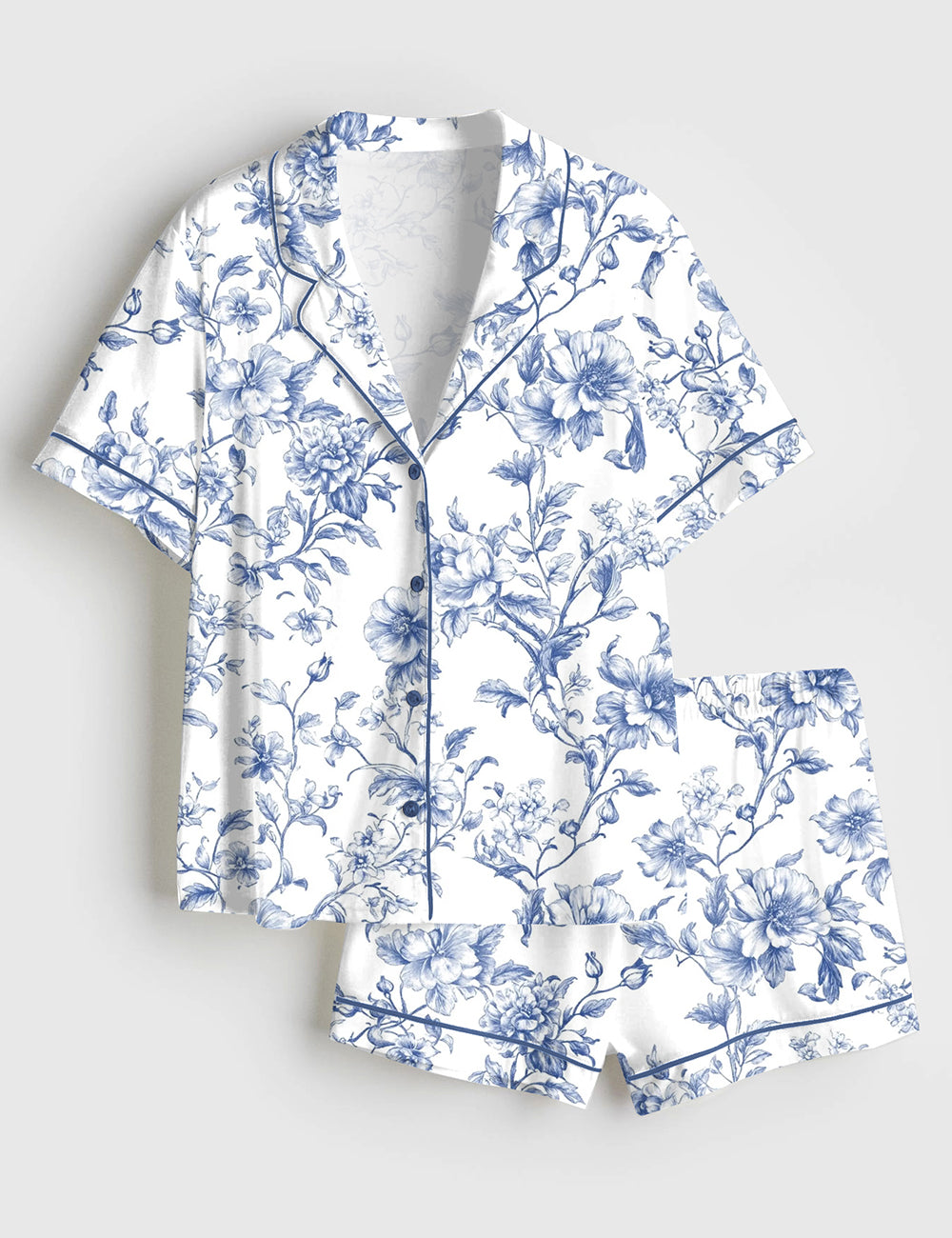 Women’s Blue Flower French Style Light Blue & White Floral Print Short Sleeve Satin Pajama Set