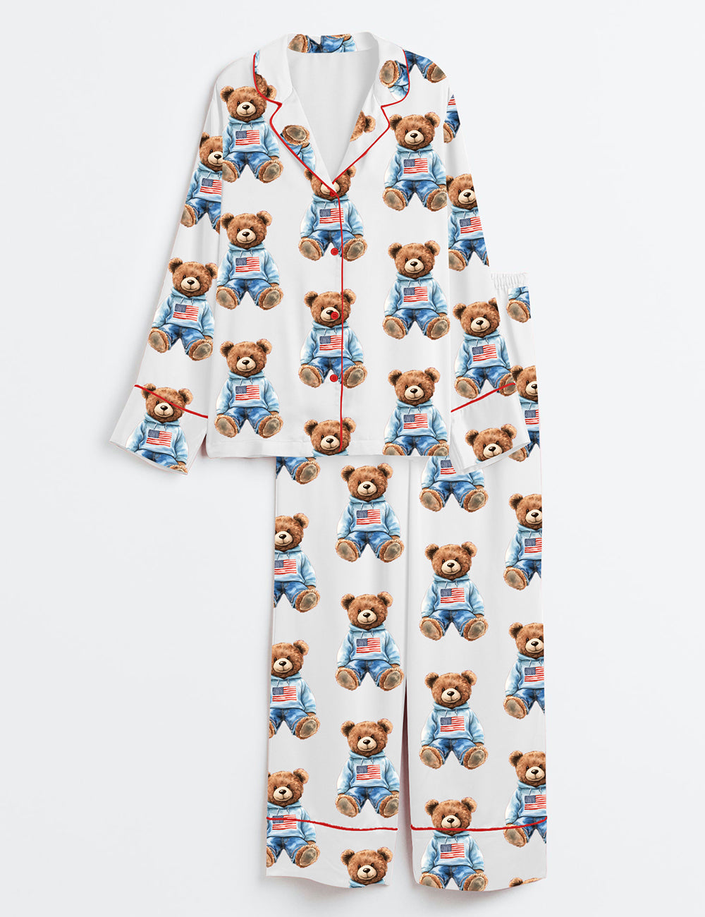 Women’s 4th Of July Watercolor Bear Long Sleeve Satin Pajama Set