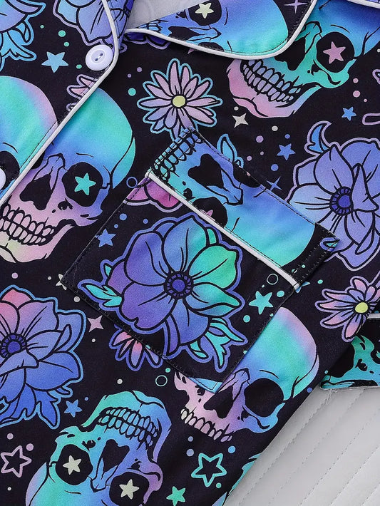 Our Neon Skull & Floral Pajama Set Print Women's Outerwear Autumn and Winter Pajama Set