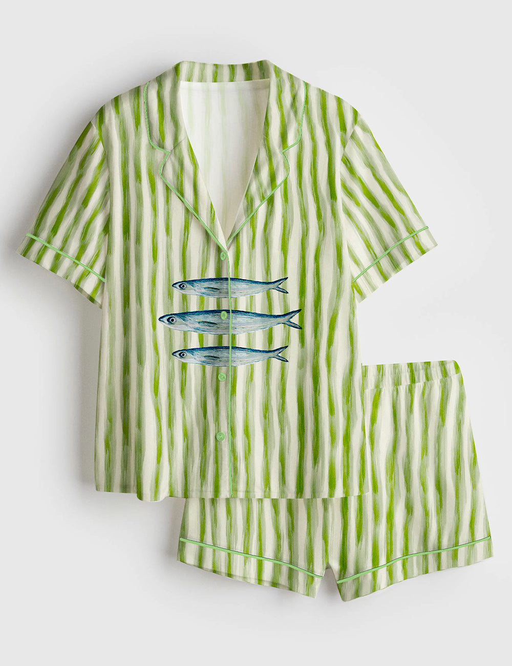Women’s Trendy Aesthetic Sardines Fish Summer Beach Sardines Green Stripe Print Short Sleeve Satin Pajama Set