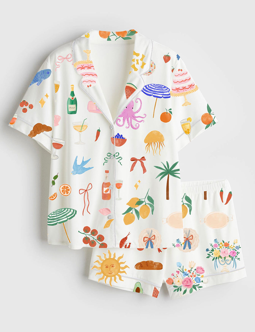 Women’s Whimsical Hand-Drawn Summer Wedding Short Sleeve Satin Pajama Set