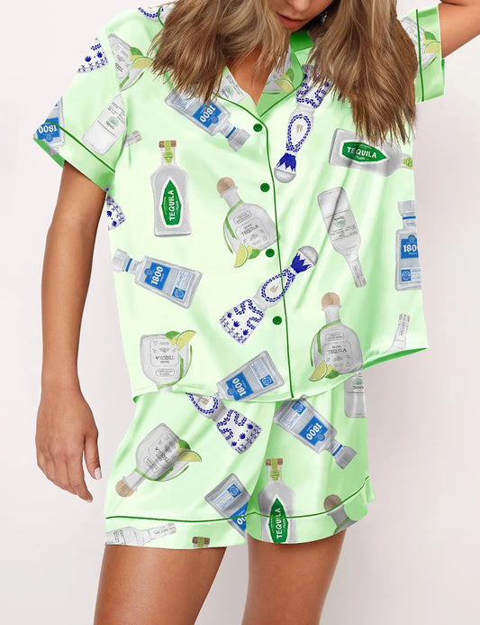Tequila Bottle Satin Pajama Set For Women