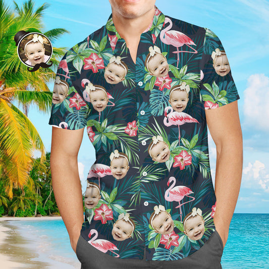 Face on Shirts Custom Hawaiian Shirt with Face Leaves & Flamingo Father's Day Shirt Gift for Dad