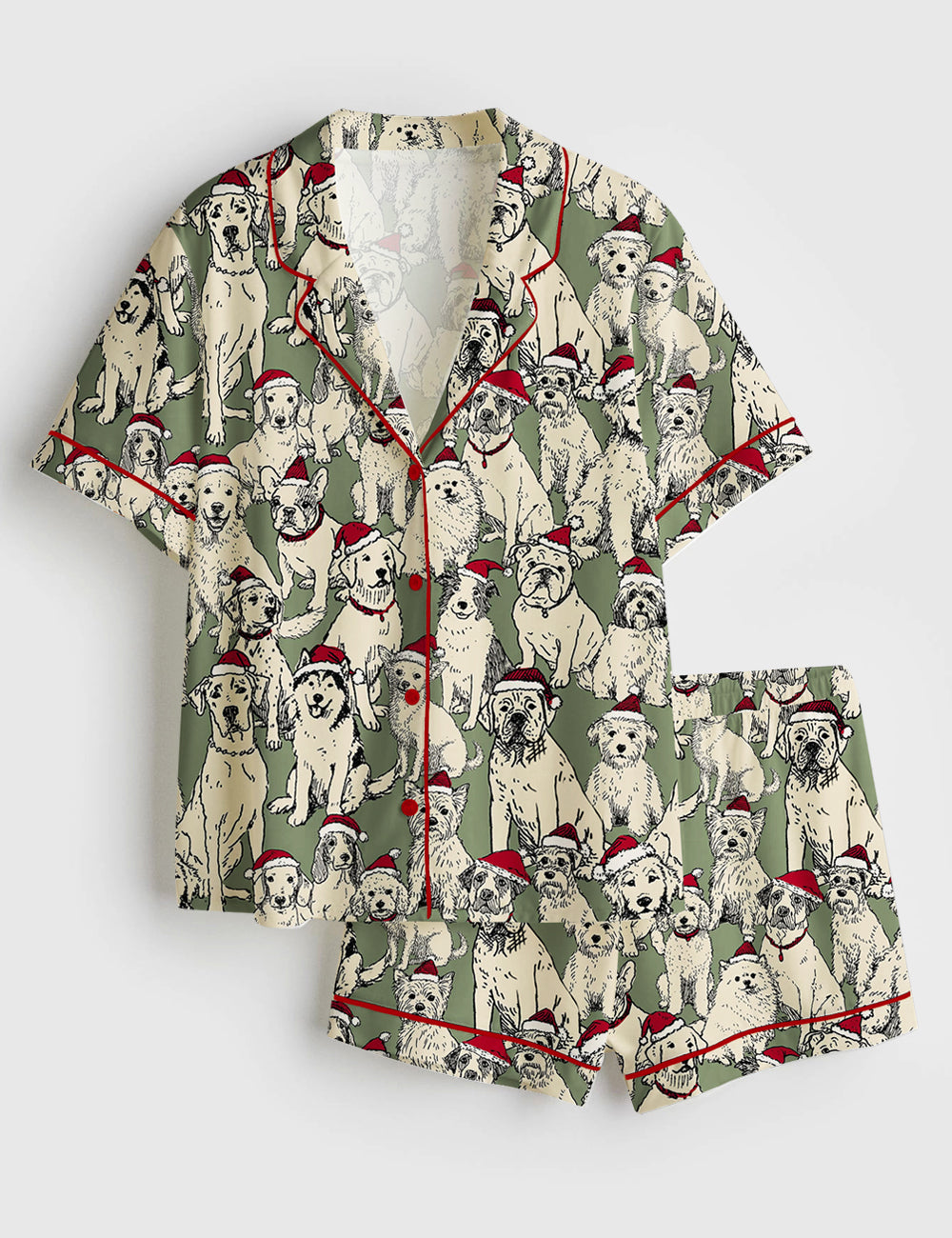 Women’s Christmas Festive Santa Dogs Short Sleeve Satin Pajama Set