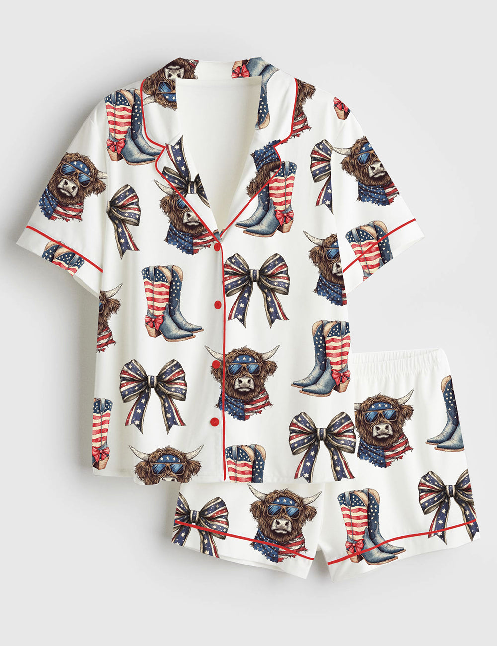 Women’s America Highland Cow Western 4th Of July Short Sleeve Satin Pajama Set