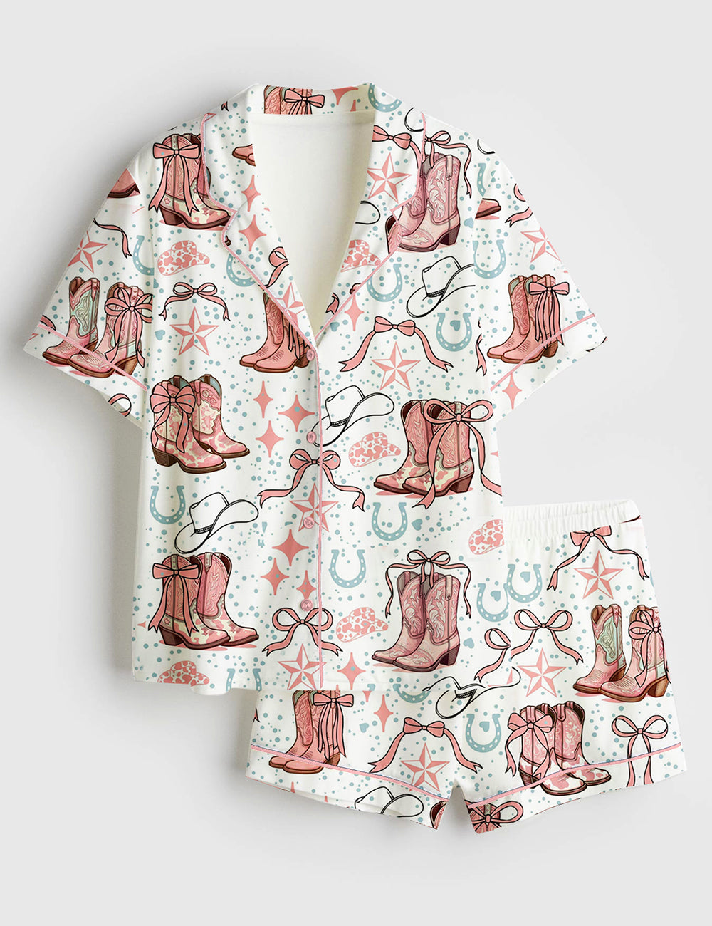 Women's Coquette Cowgirl Boots And Bows Western Short Sleeve Satin Pajama Set