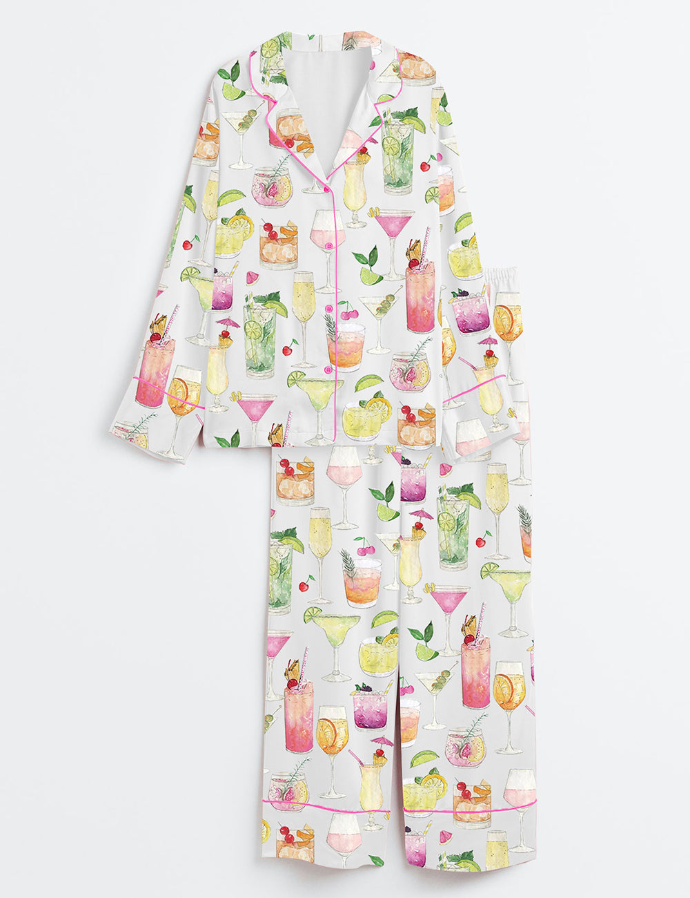 Women's Summer Cocktail Wine Lovers Old Fashioned Long Sleeve Satin Pajama Set