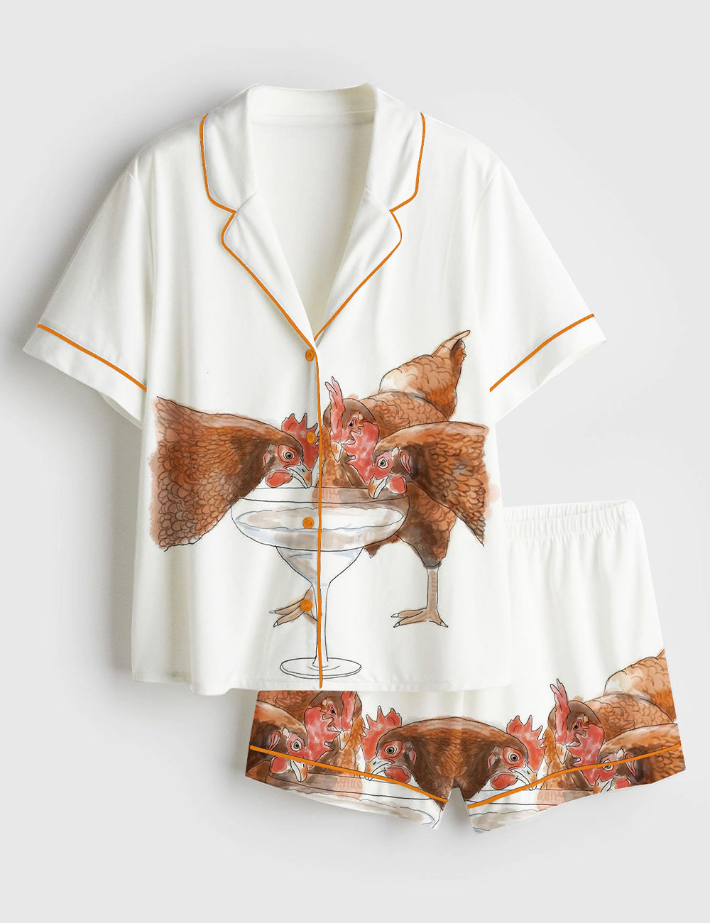 Women’s Western Chicken Drinks Espresso Martini Cocktail Short Sleeve Satin Pajama Set