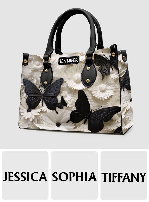 Elegant Black And White Butterflies And Flowers - Personalized Butterfly Leather Handbag