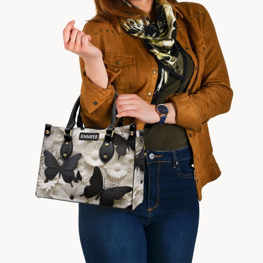 Elegant Black And White Butterflies And Flowers - Personalized Butterfly Leather Handbag