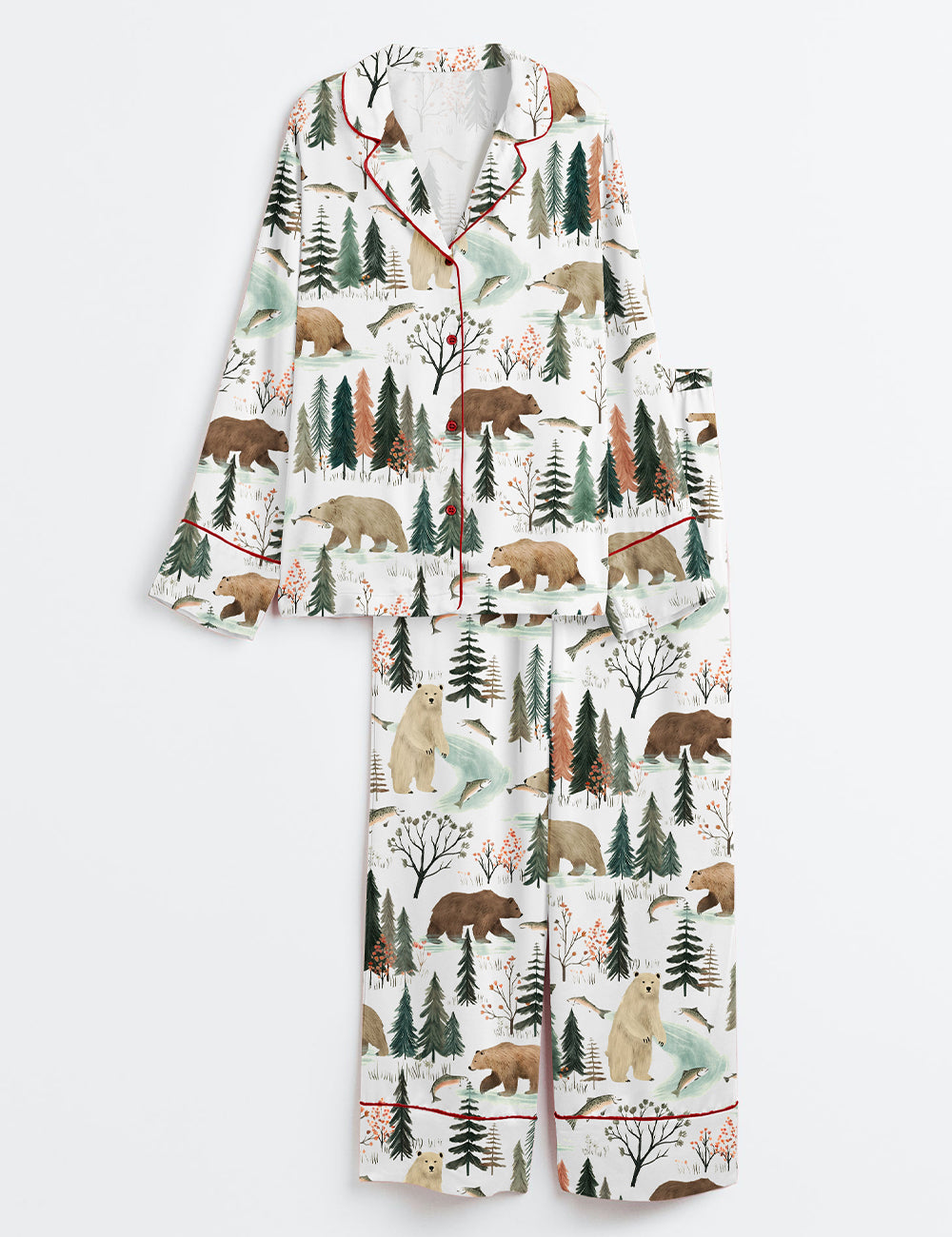 Women's Fishing Bear Woodland Long Sleeve Satin Pajama Set