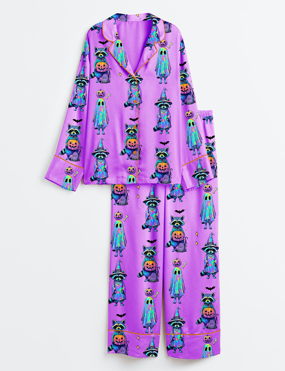 Women’s Spooky And Feral Raccoon Halloween Pumpkin Long Sleeve Satin Pajama Set