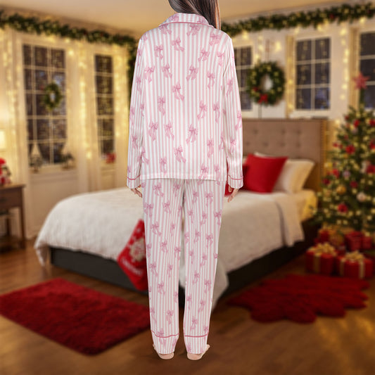 Pink Ribbon Striped Pajama Set – Elegant Bow Print Pajamas | Cozy Pajama Gift Set, Cute Pajamas for My Love, Family Pajamas for Women, Men, Kids & Youth HPRPJMADL-34