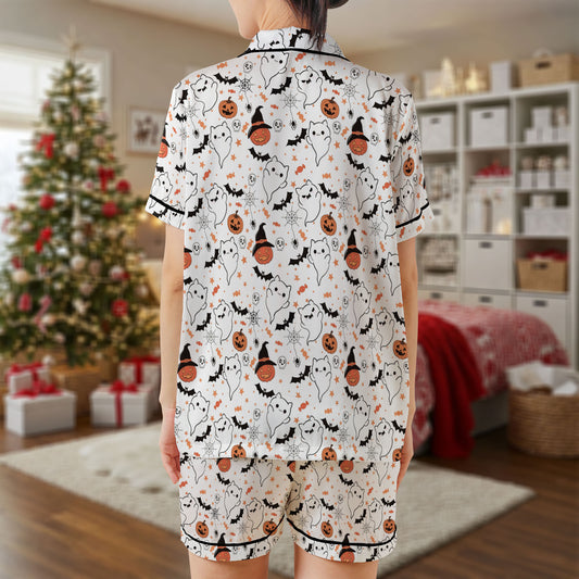 Halloween Ghost Short Pajama Set – Cute Pumpkin & Bat Print Pajamas | Spooky Sleepwear for Women, Men, Kids & Youth, Cozy Holiday Pajama Gift Set HPRPJMADS-04