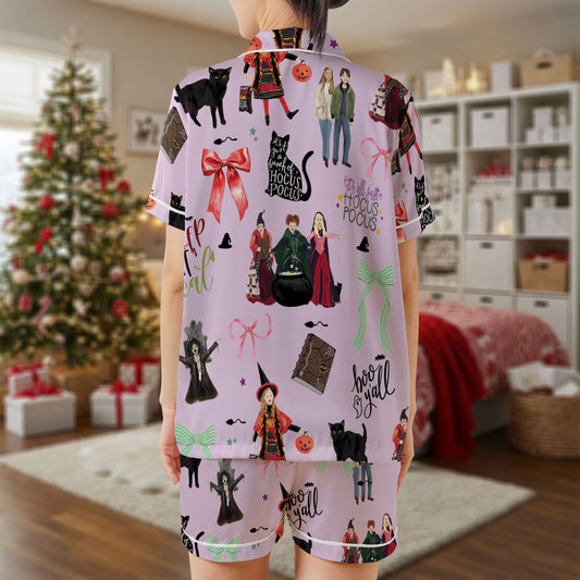 Hocus Pocus Short Pajama Set – Halloween Witch Satin Sleepwear | Pink “It’s All Just a Bunch of Hocus Pocus” Themed PJs for Women, Men, Kids & Matching Family Outfit HPRPJMADS-23