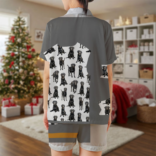 Grey Labrador Satin Short Pajama Set – Two-Tone Dog Print Sleepwear | Modern Silver and White Loungewear for Women, Men, Youth & Pet Lovers, Matching Family PJs HPRPJMADS-24