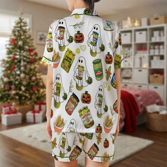 Halloween Pickle Ghost Satin Short Pajama Set – Funny Pickle Jar & Ghost Print Sleepwear | White & Green Trim PJs for Women, Men, Kids & Matching Family Outfits HPRPJMADS-31