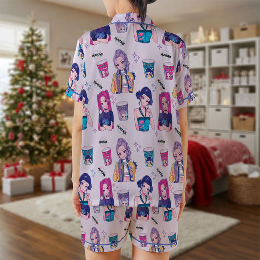 Anime Girl Snack-Themed Satin Short Pajama Set – Cute Kawaii Cartoon Print Sleepwear | Lavender PJs for Women, Teens, and Matching Friends Sets HPRPJMADS-32