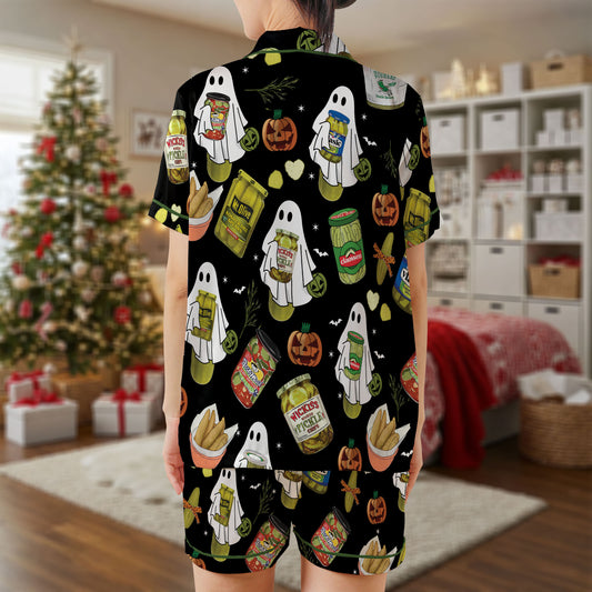 Halloween Pickle Ghost Satin Pajama Set – Funny Spooky Snack Print Sleepwear | Black Short Sleeve Loungewear for Women, Teens & Matching Holiday Outfits HPRPJMADS-35