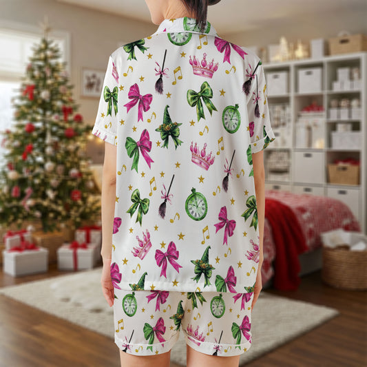 Magical Bow & Witch Charm Satin Pajama Set – Enchanted Print Sleepwear with Crowns, Clocks & Stars | White Short Sleeve Loungewear for Women & Youth HPRPJMADS-37