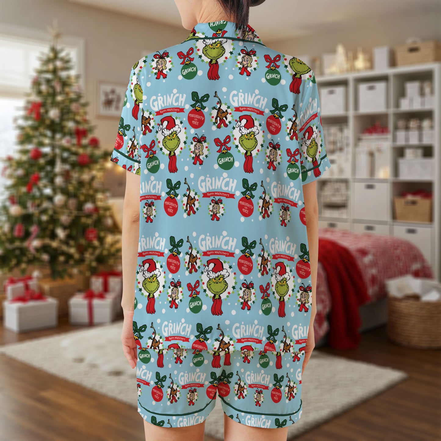 The Grinch Christmas Satin Pajama Set – Blue Festive Holiday Sleepwear | Short Sleeve Satin Loungewear with Grinch & Christmas Ornament Print HPRPJMADS-48