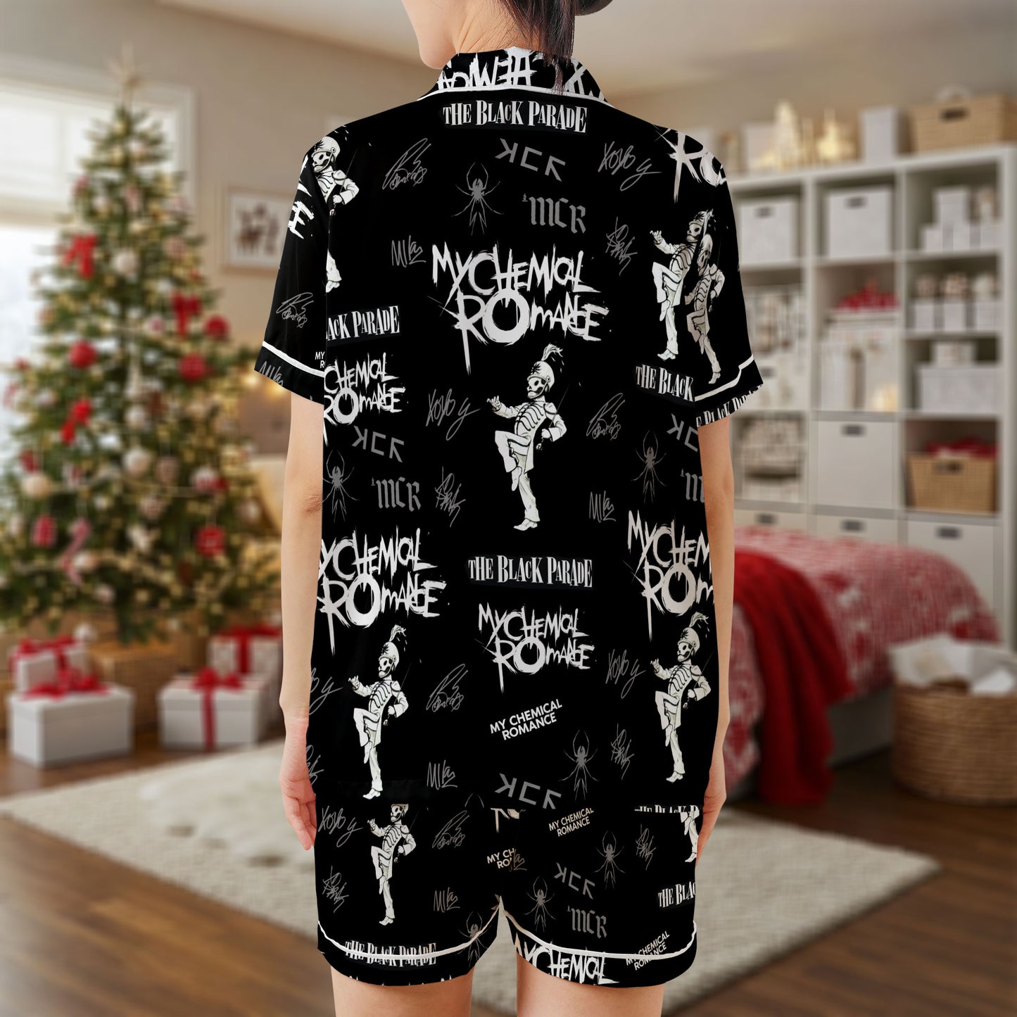 My Chemical Romance Satin Pajama Set – The Black Parade Theme Sleepwear | Black Short Sleeve Satin Loungewear with MCR Logo and Marching Skeleton Print HPRPJMADS-51