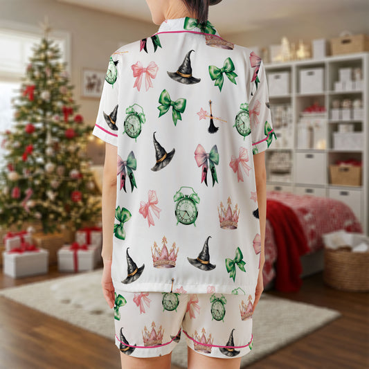 Wicked Witch Theme Satin Pajama Set – Crowns, Hats & Ribbon Print Sleepwear | White Short Sleeve Satin Loungewear with Pink Piping Trim and Green Bow Details HPRPJMADS-52