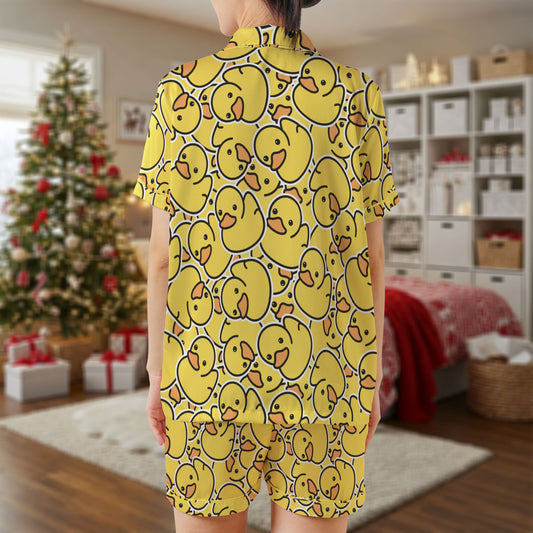 Rubber Duck Satin Pajama Set – Bright Yellow Sleepwear with Cute Duck Pattern | Fun Short Sleeve Satin Loungewear for Women & Teens HPRPJMADS-57