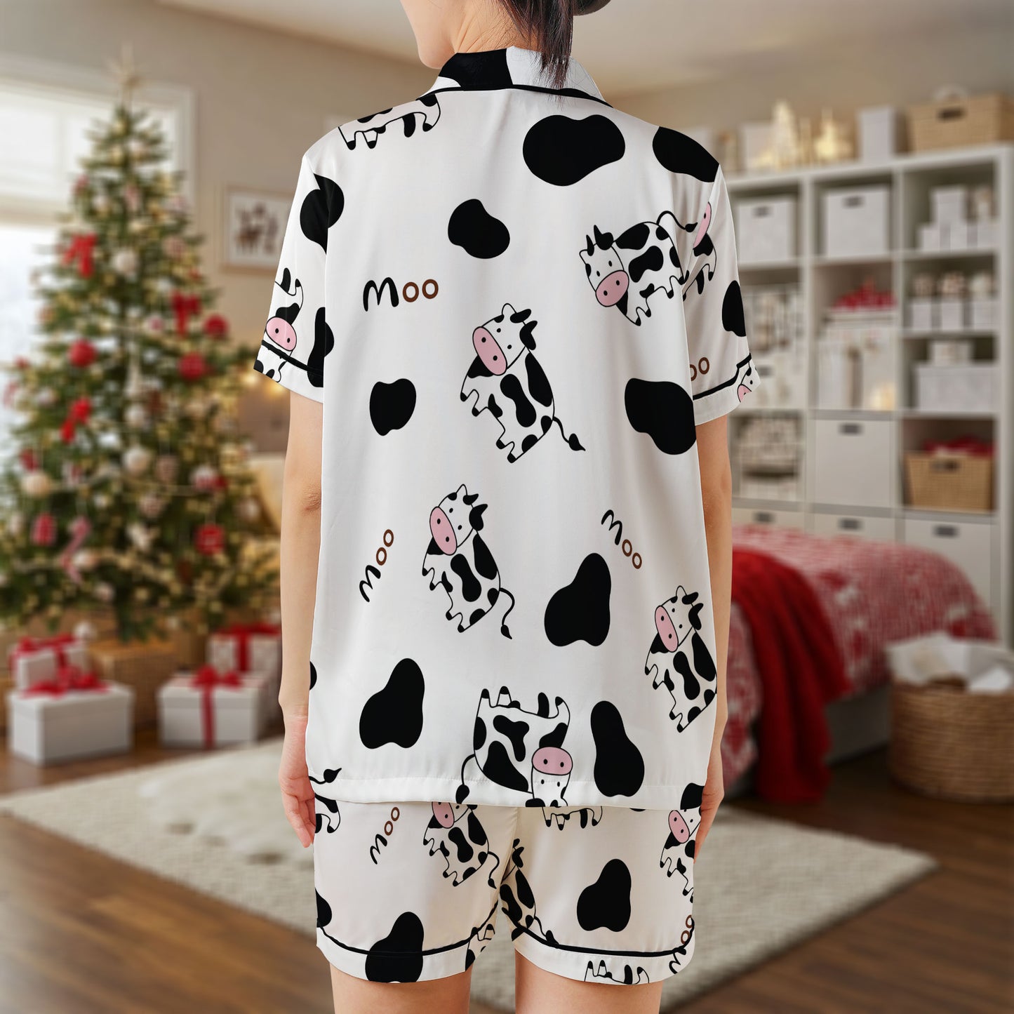 Cute Cow Satin Pajama Set – White & Black Sleepwear with Cartoon Cows and “Moo” Print | Playful Short Sleeve Satin Loungewear for Women & Youth HPRPJMADS-59