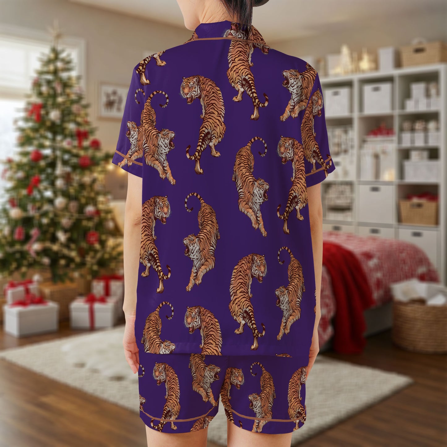 Majestic Tiger Satin Pajama Set – Purple Sleepwear with Fierce Tiger Print | Bold and Luxurious Short Sleeve Satin Loungewear for Women & Teens HPRPJMADS-63