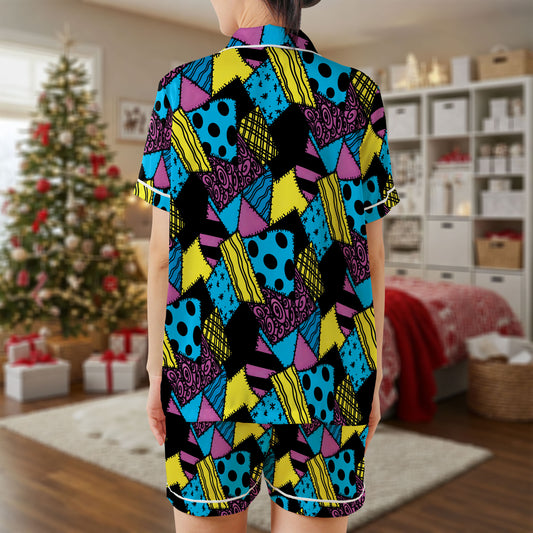 Patchwork Pop Art Satin Pajama Set – Vibrant Multicolor Geometric Sleepwear | Retro Short Sleeve Satin Loungewear for Women & Teens HPRPJMADS-64