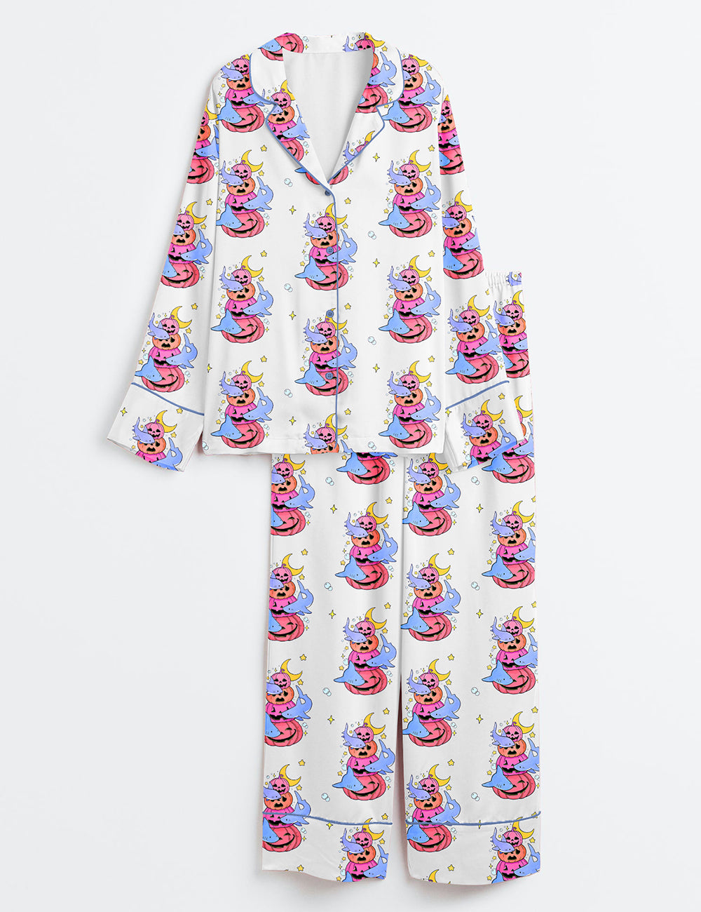 Women’s Curious Halloween Sharks Long Sleeve Satin Pajama Set