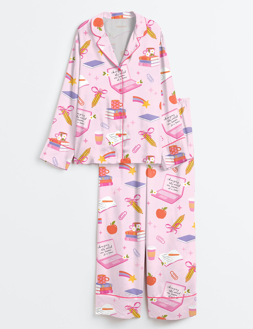 Women’s Pink Coquette Girly Teacher Long Sleeve Satin Pajama Set