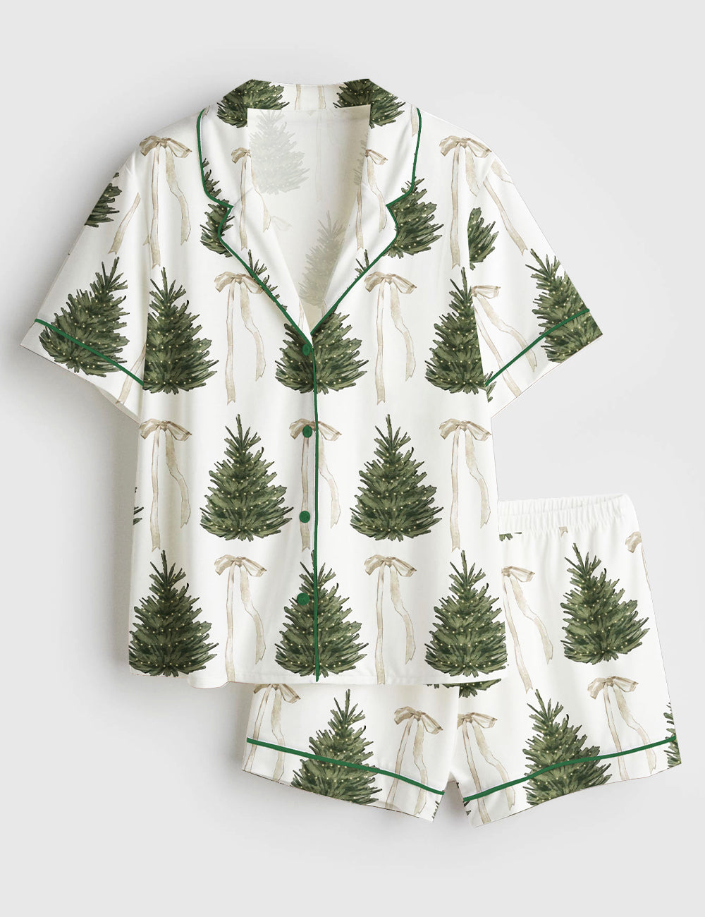 Women’s Merry Christmas Tree White Coquette Short Sleeve Satin Pajama Set