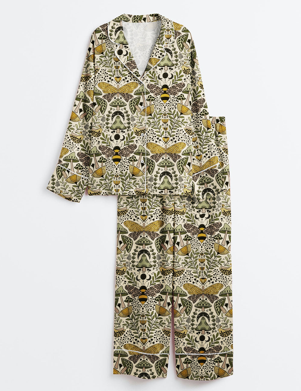 Women’s Large Scale Natural Habitat of Bees and Moths Wild Grass And Flowers Long Sleeve Satin Pajama Set