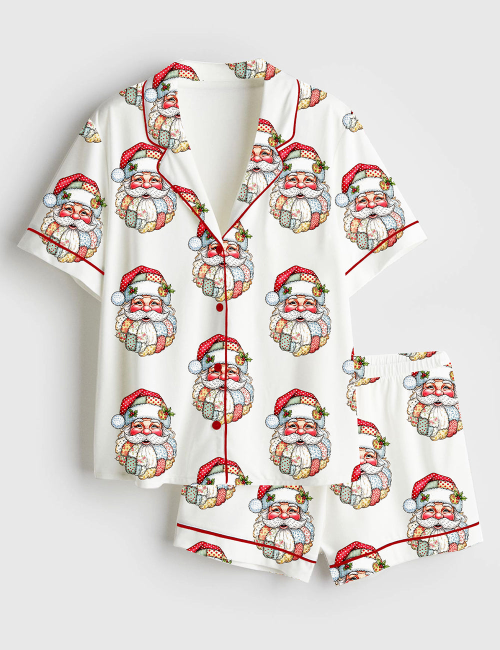 Women’s Christmas Patchwork Santa Claus Short Sleeve Satin Pajama Set