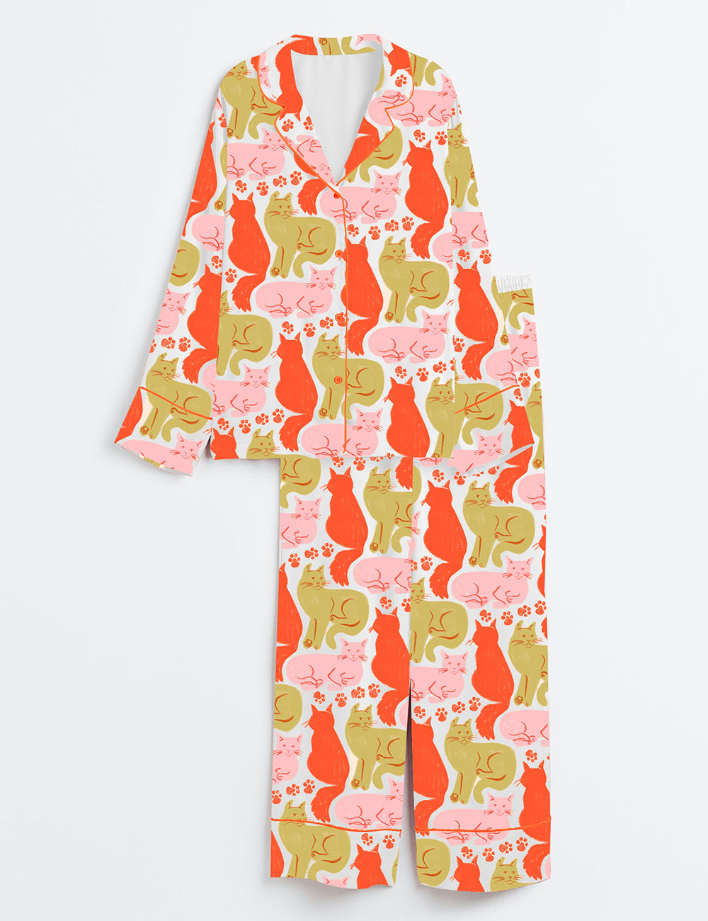 Women's Colorful Cute Cat Long Sleeve Satin Pajama Set