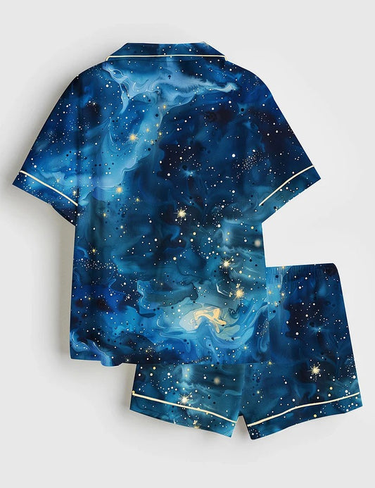 Women’s Starry Night Sky Stars And Moons Short Sleeve Satin Pajama Set