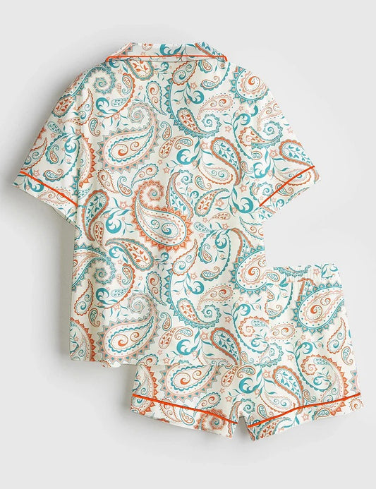 Women’s Summer Paisley Design Short Sleeve Satin Pajama Set