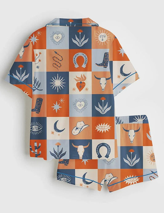 Women's Western Cowboy Short Sleeve Satin Pajama Set