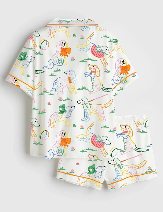 Women’s Cute Dog Illustration Short Sleeve Satin Pajama Set