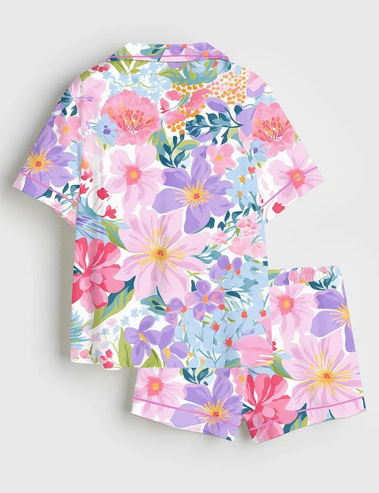 Women’s Purple Ditsy Flowers Ditsy Floral Girly Pink And Purple Cute Ditsy Floral Print Short Sleeve Satin Pajama Set