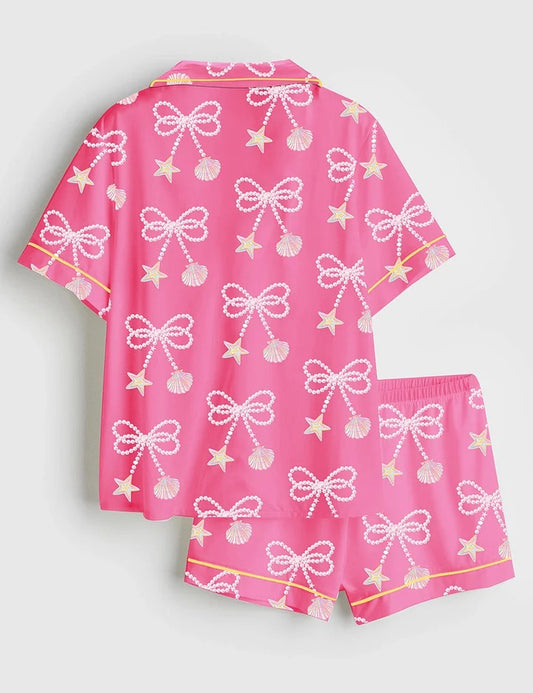 Women’s Coquette Clam Pearl Bow Coastal Seashell Starfish Preppy Summer Vibes Print Short Sleeve Satin Pajama Set