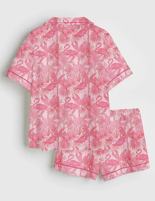 Women’s Summer Pink Flamingo Short Sleeve Satin Pajama Set